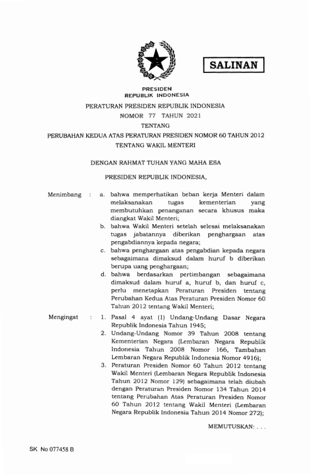 Peraturan Presiden Nomor 77 Tahun 2021