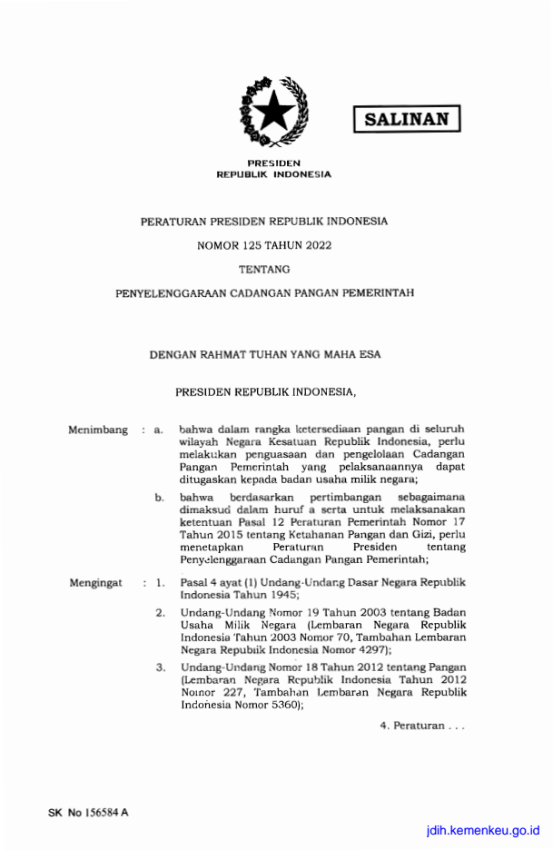 Peraturan Presiden Nomor 125 Tahun 2022