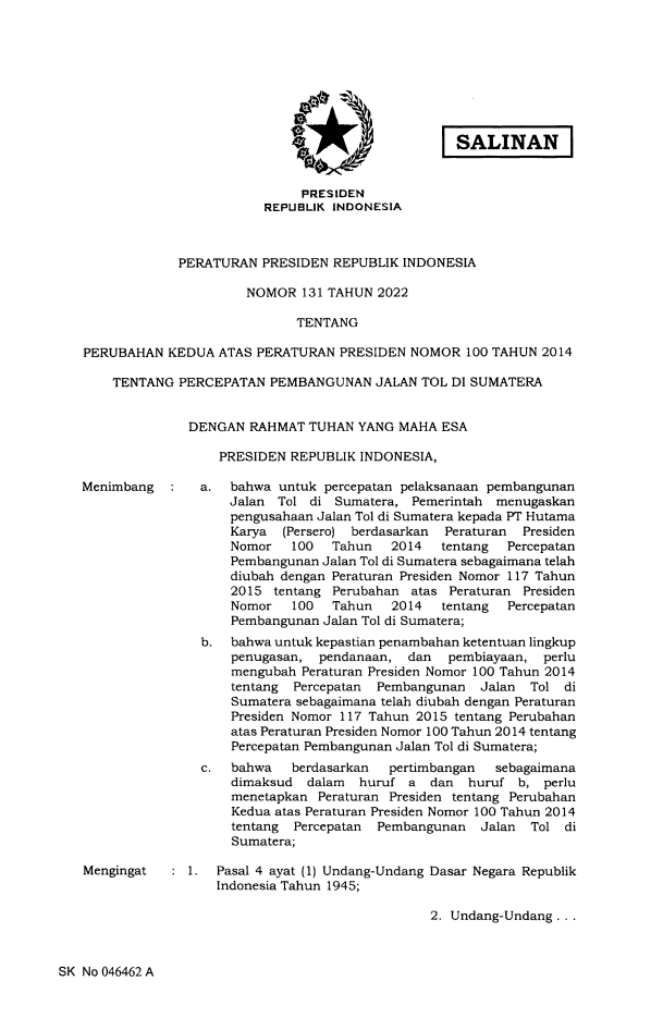 Peraturan Presiden Nomor 131 Tahun 2022