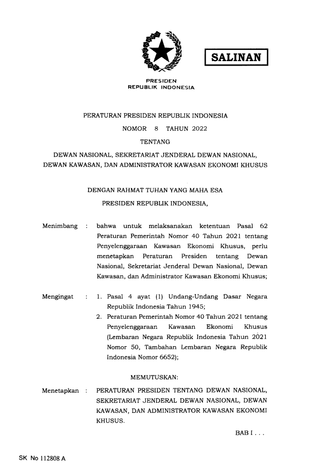 Peraturan Presiden Nomor 8 Tahun 2022
