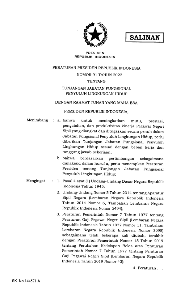 Peraturan Presiden Nomor 91 Tahun 2022