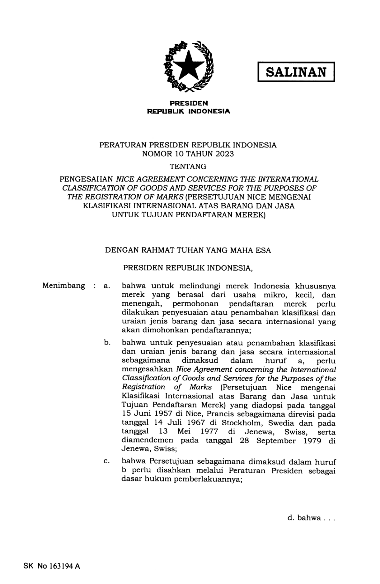 Peraturan Presiden Nomor 10 Tahun 2023