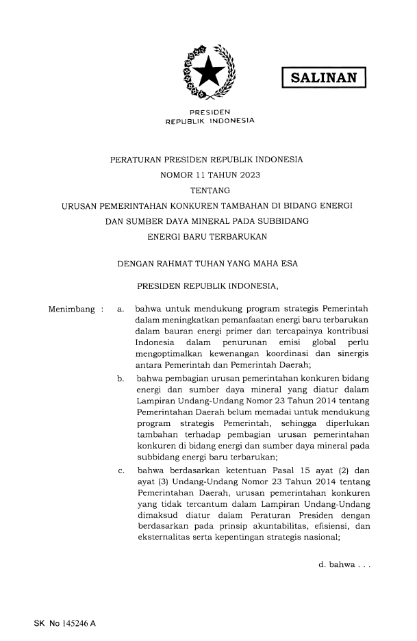 Peraturan Presiden Nomor 11 Tahun 2023