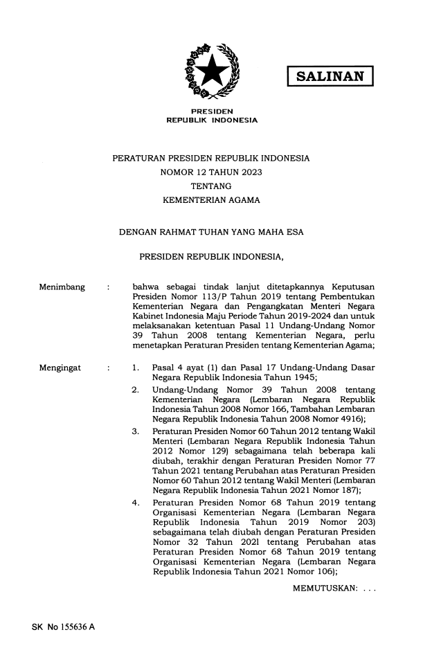 Peraturan Presiden Nomor 12 Tahun 2023