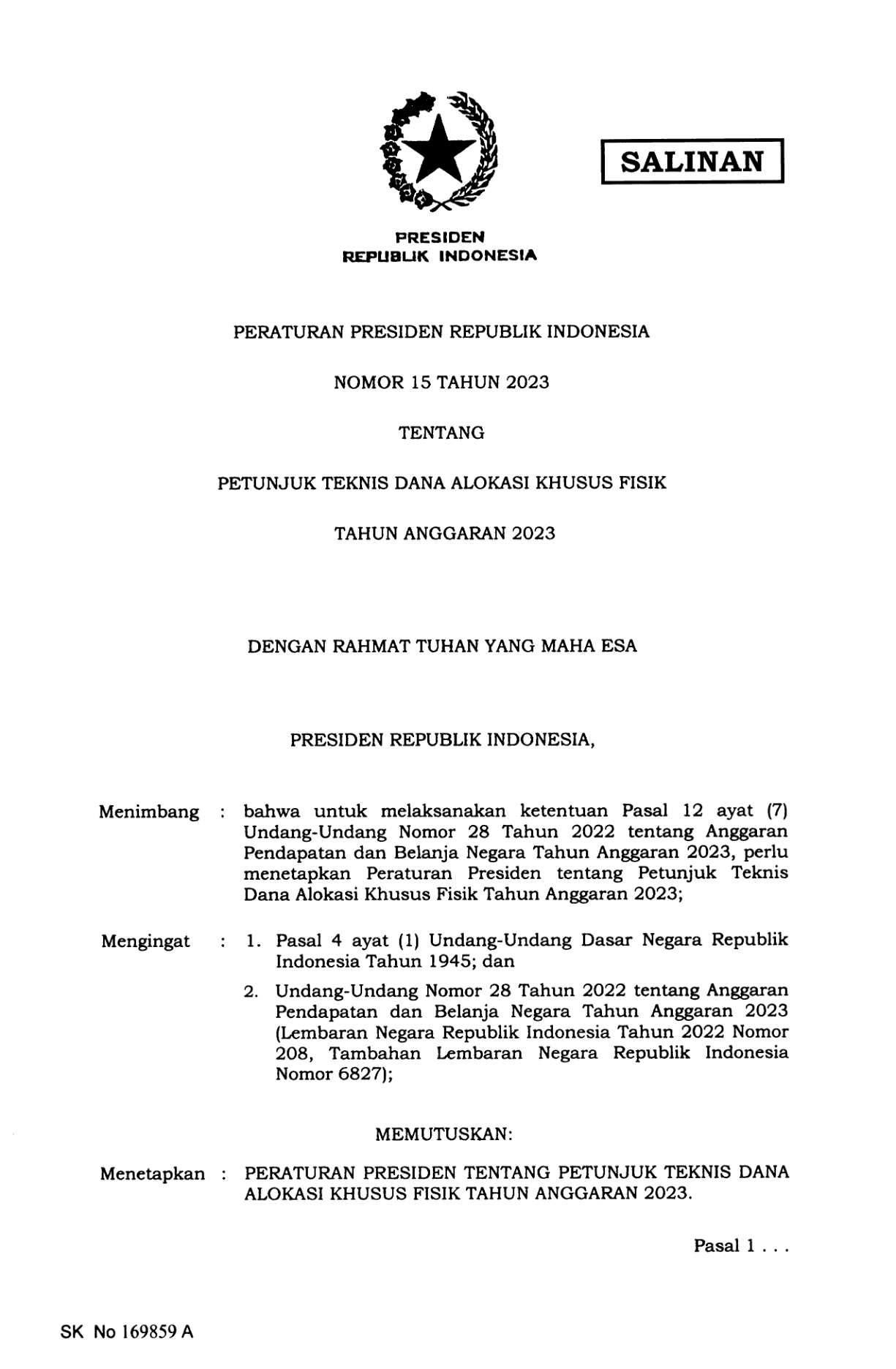 Peraturan Presiden Nomor 15 Tahun 2023