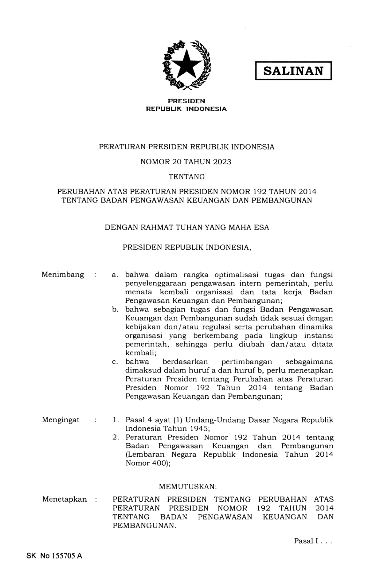 Peraturan Presiden Nomor 20 Tahun 2023