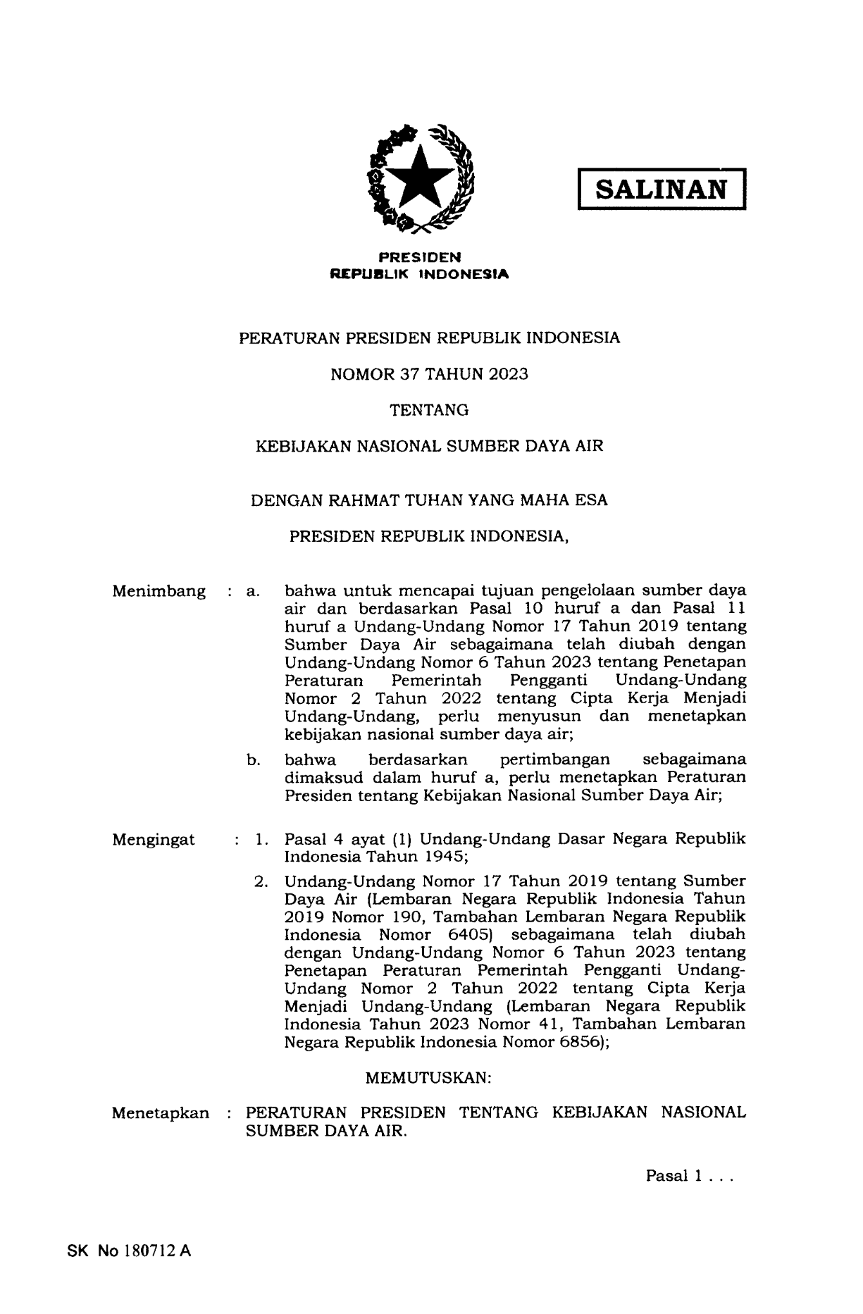Peraturan Presiden Nomor 37 Tahun 2023