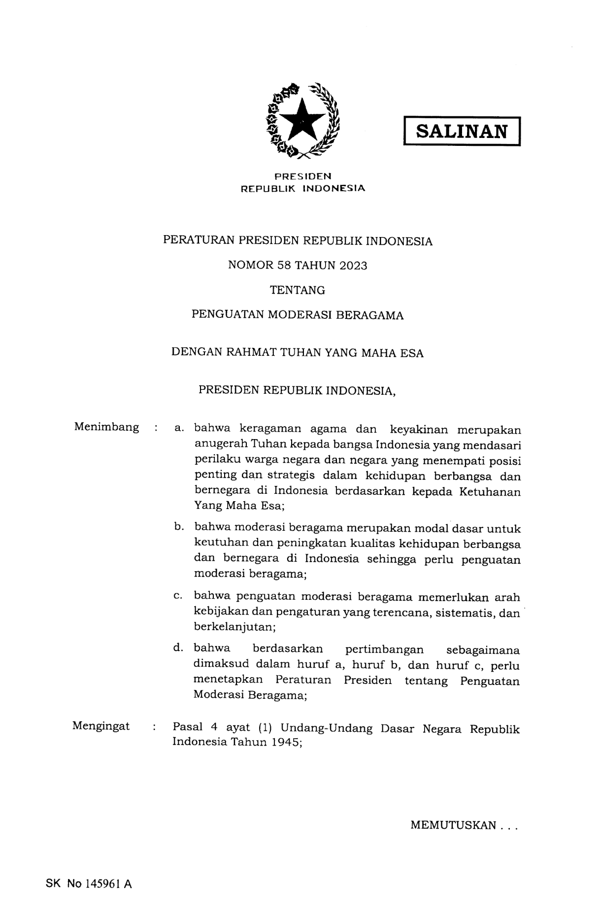 Peraturan Presiden Nomor 58 Tahun 2023