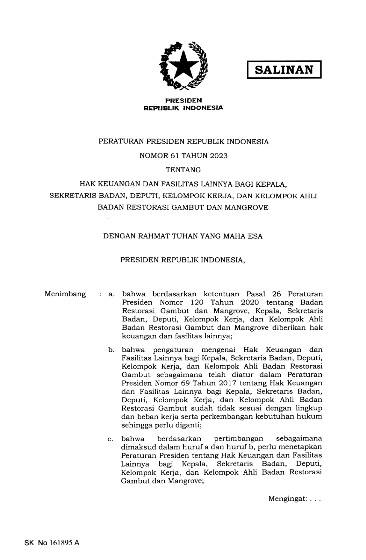 Peraturan Presiden Nomor 61 Tahun 2023