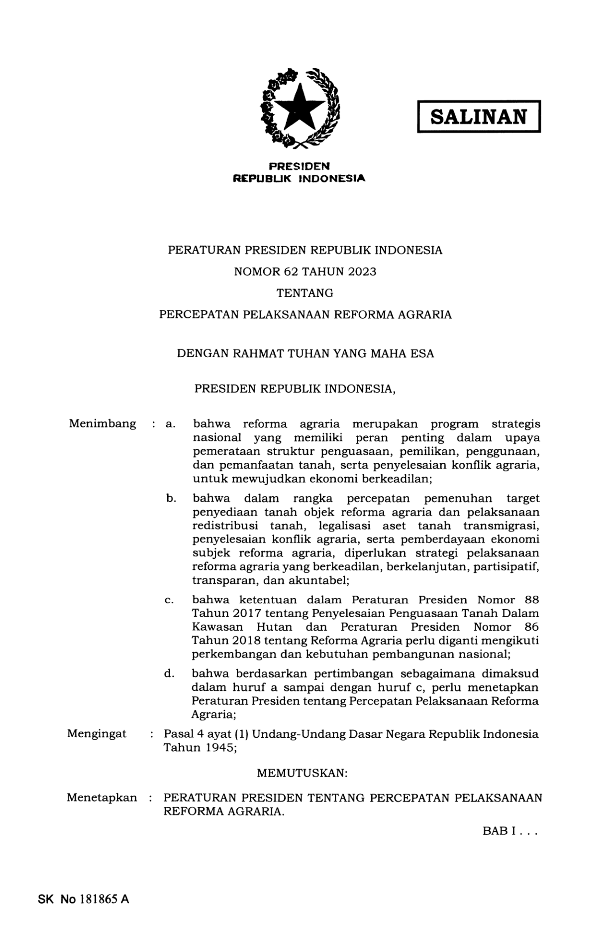 Peraturan Presiden Nomor 62 Tahun 2023