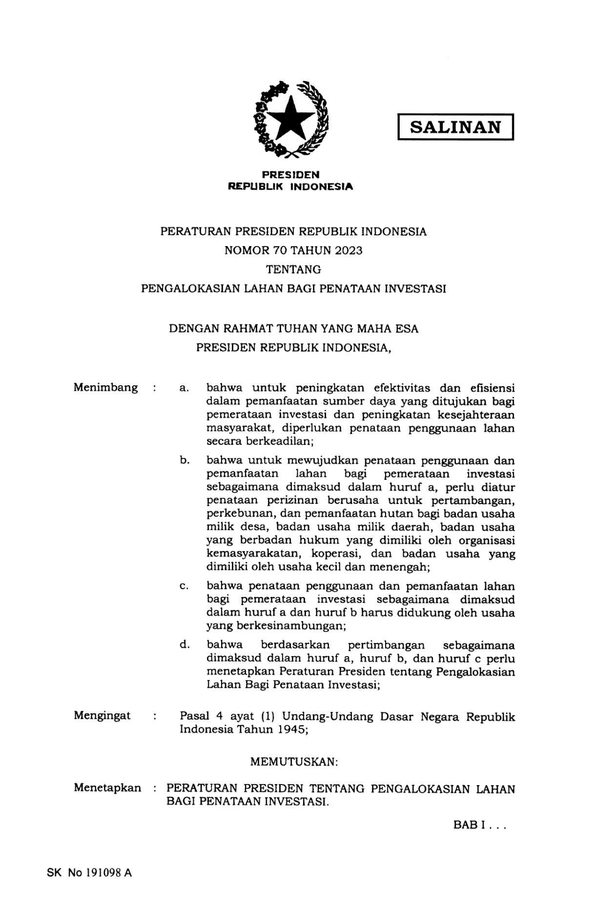 Peraturan Presiden Nomor 70 Tahun 2023