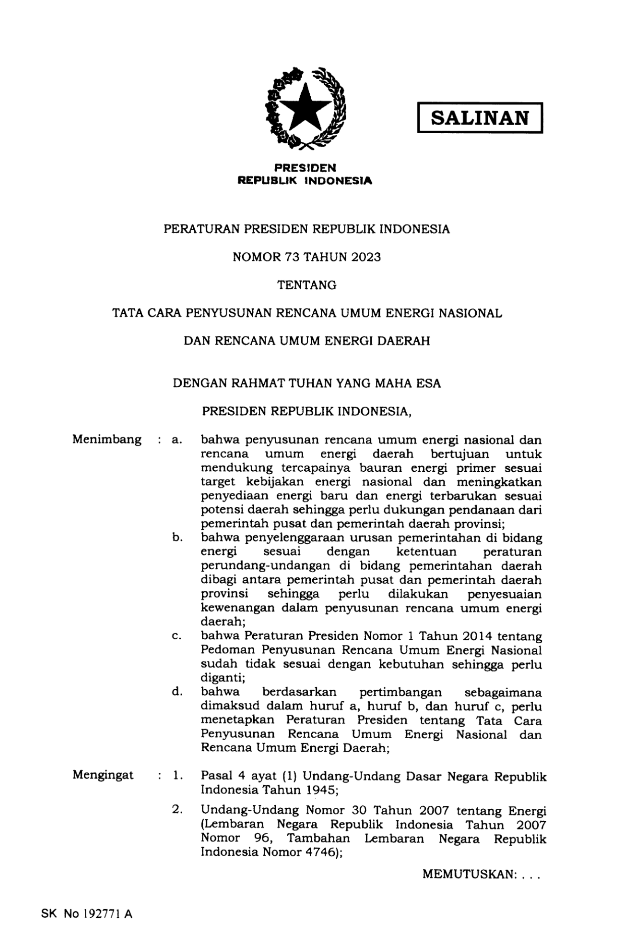 Peraturan Presiden Nomor 73 Tahun 2023