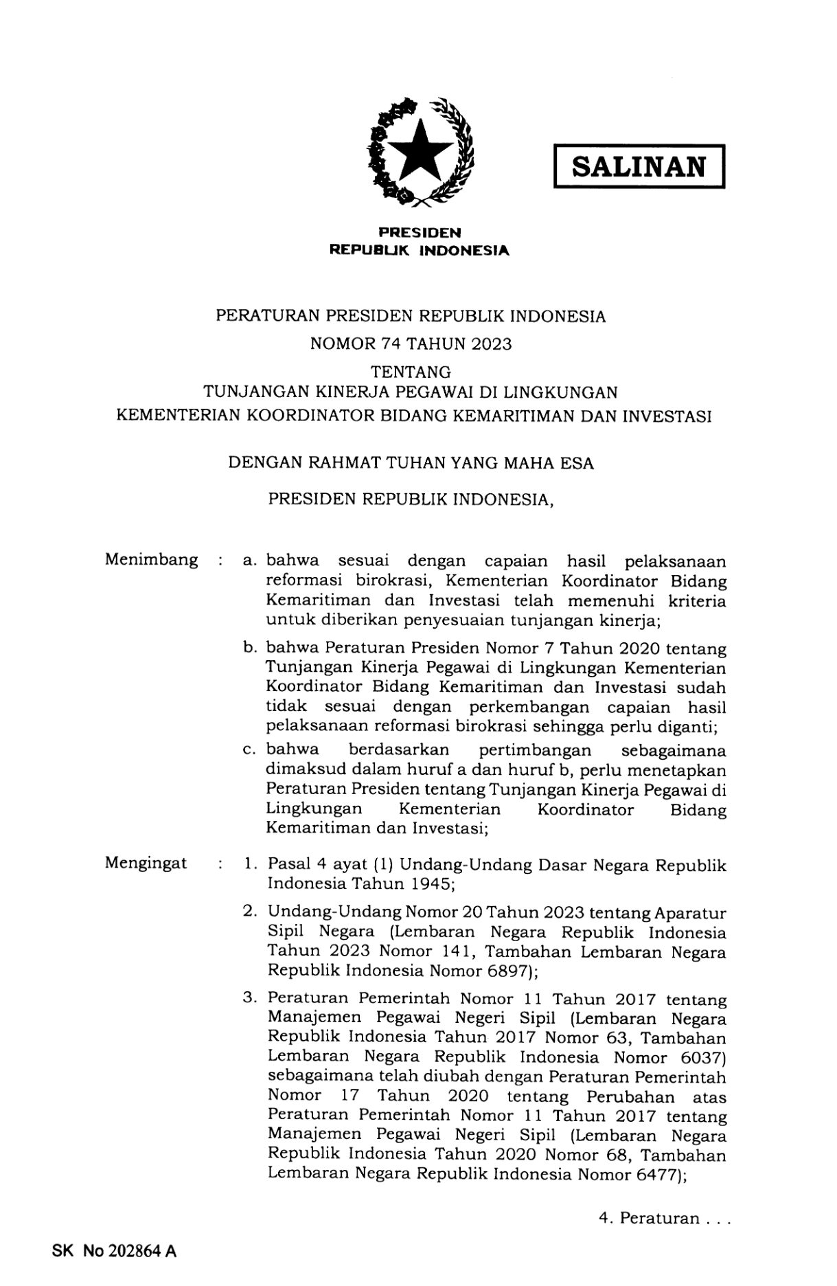 Peraturan Presiden Nomor 74 Tahun 2023