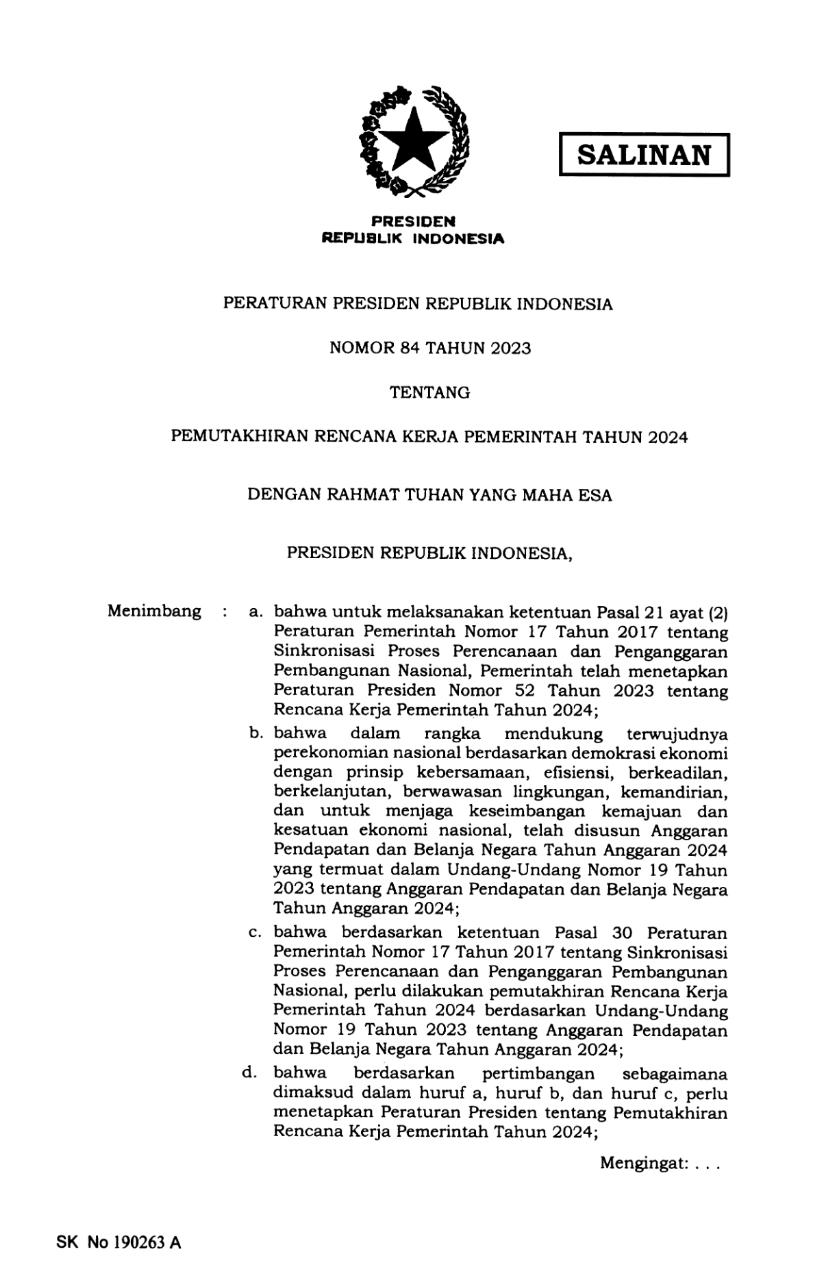 Peraturan Presiden Nomor 84 Tahun 2023