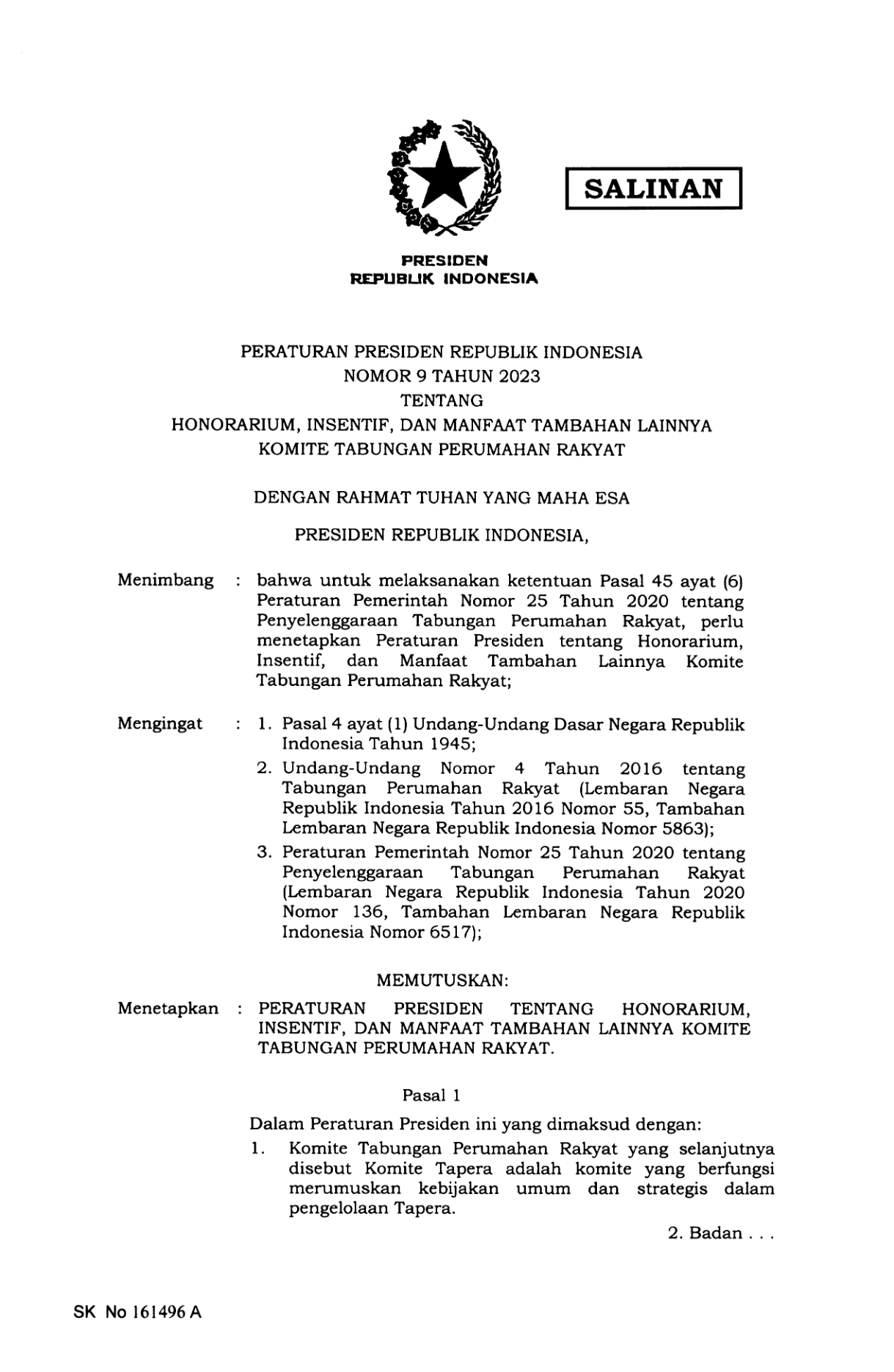 Peraturan Presiden Nomor 9 Tahun 2023
