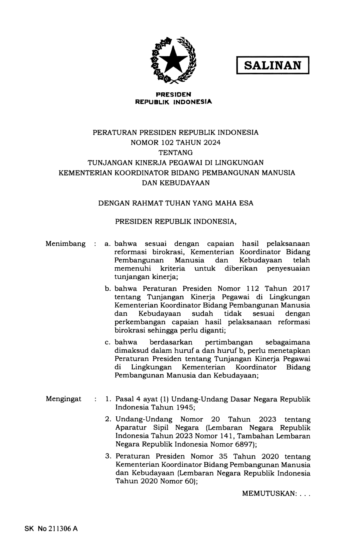 Peraturan Presiden Nomor 102 Tahun 2024