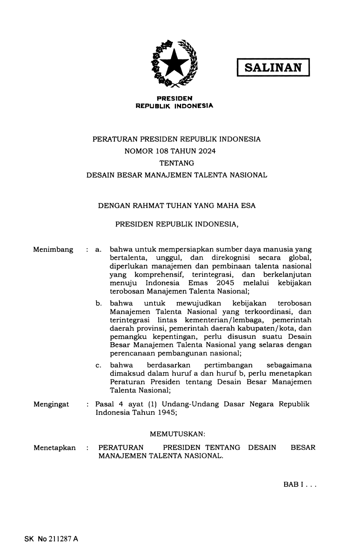 Peraturan Presiden Nomor 108 Tahun 2024