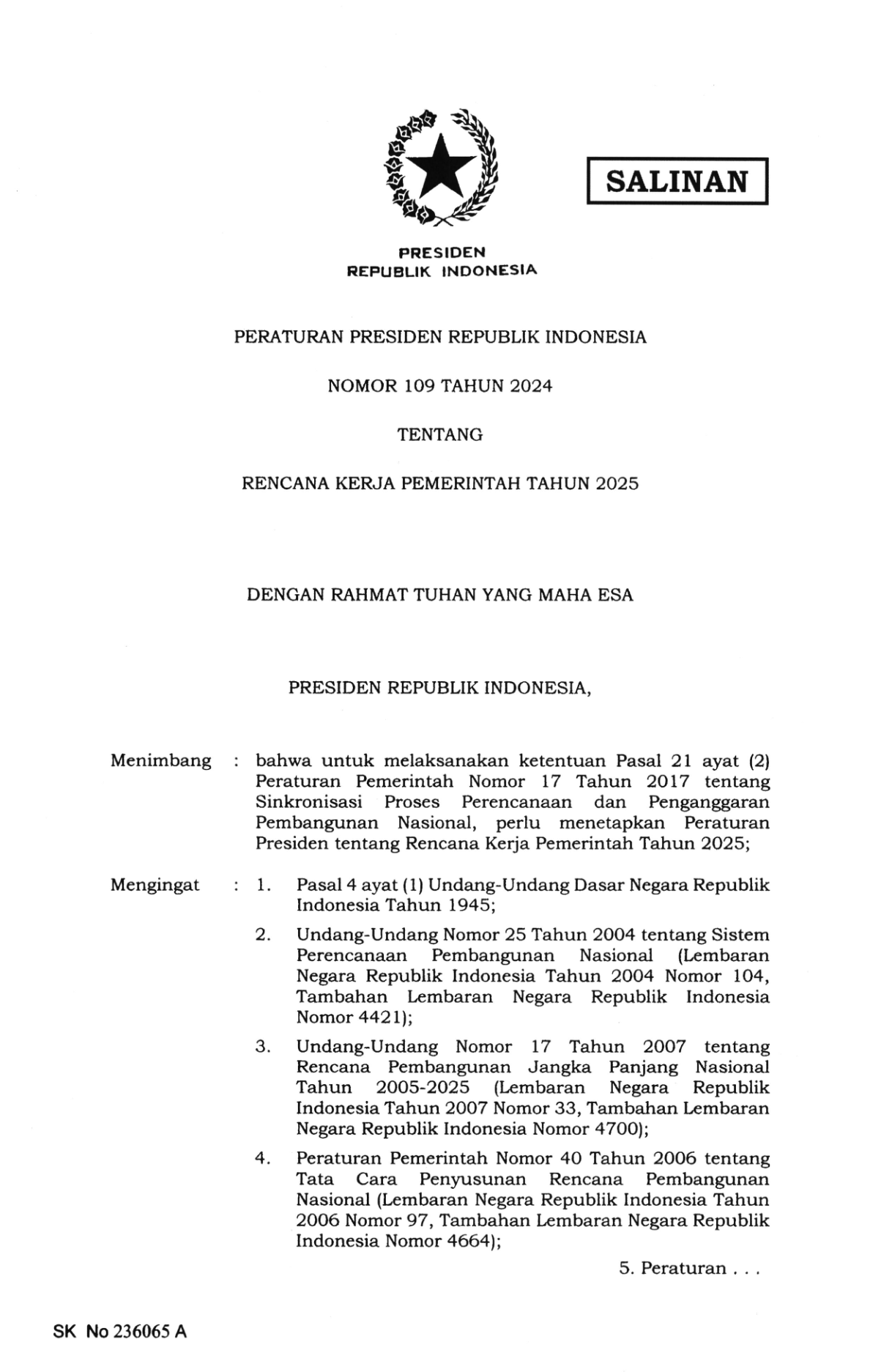 Peraturan Presiden Nomor 109 Tahun 2024