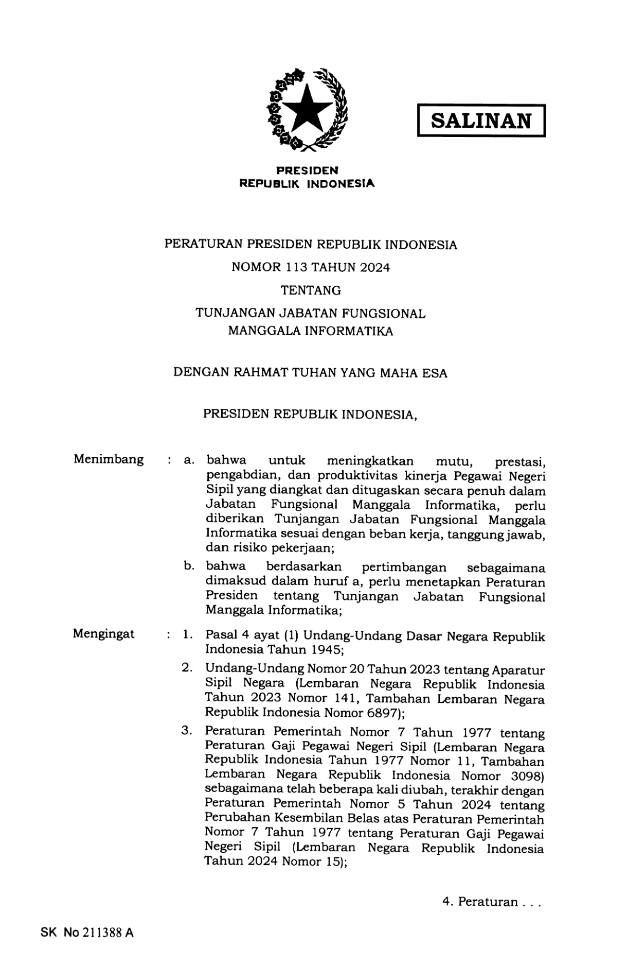 Peraturan Presiden Nomor 113 Tahun 2024