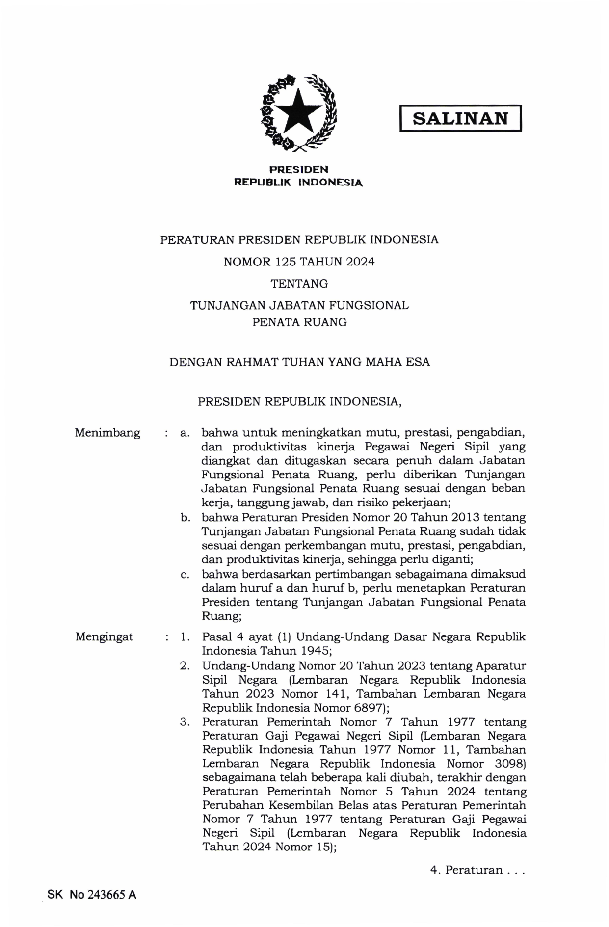 Peraturan Presiden Nomor 125 Tahun 2024