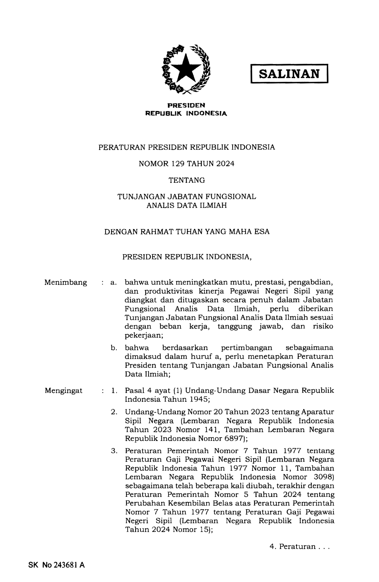 Peraturan Presiden Nomor 129 Tahun 2024