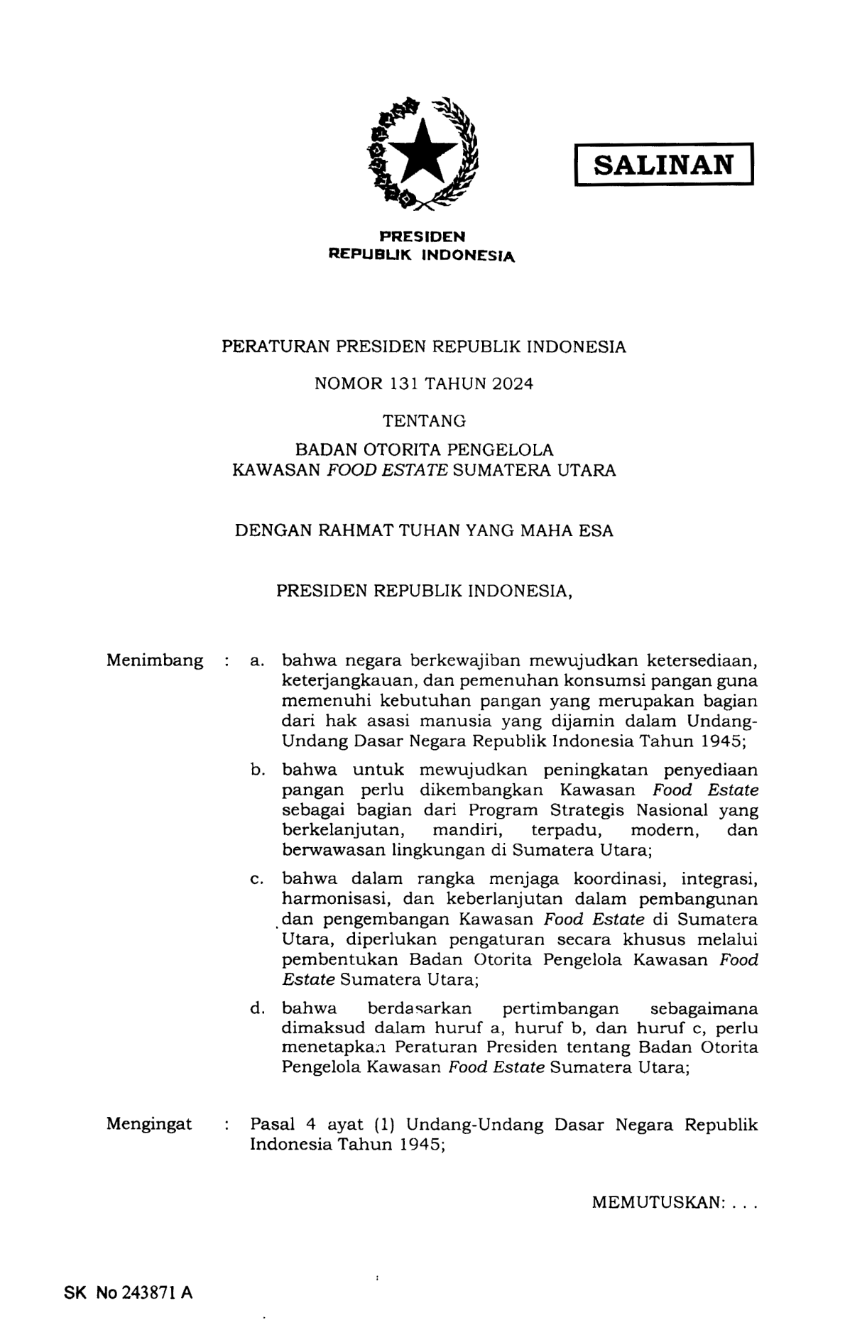 Peraturan Presiden Nomor 131 Tahun 2024