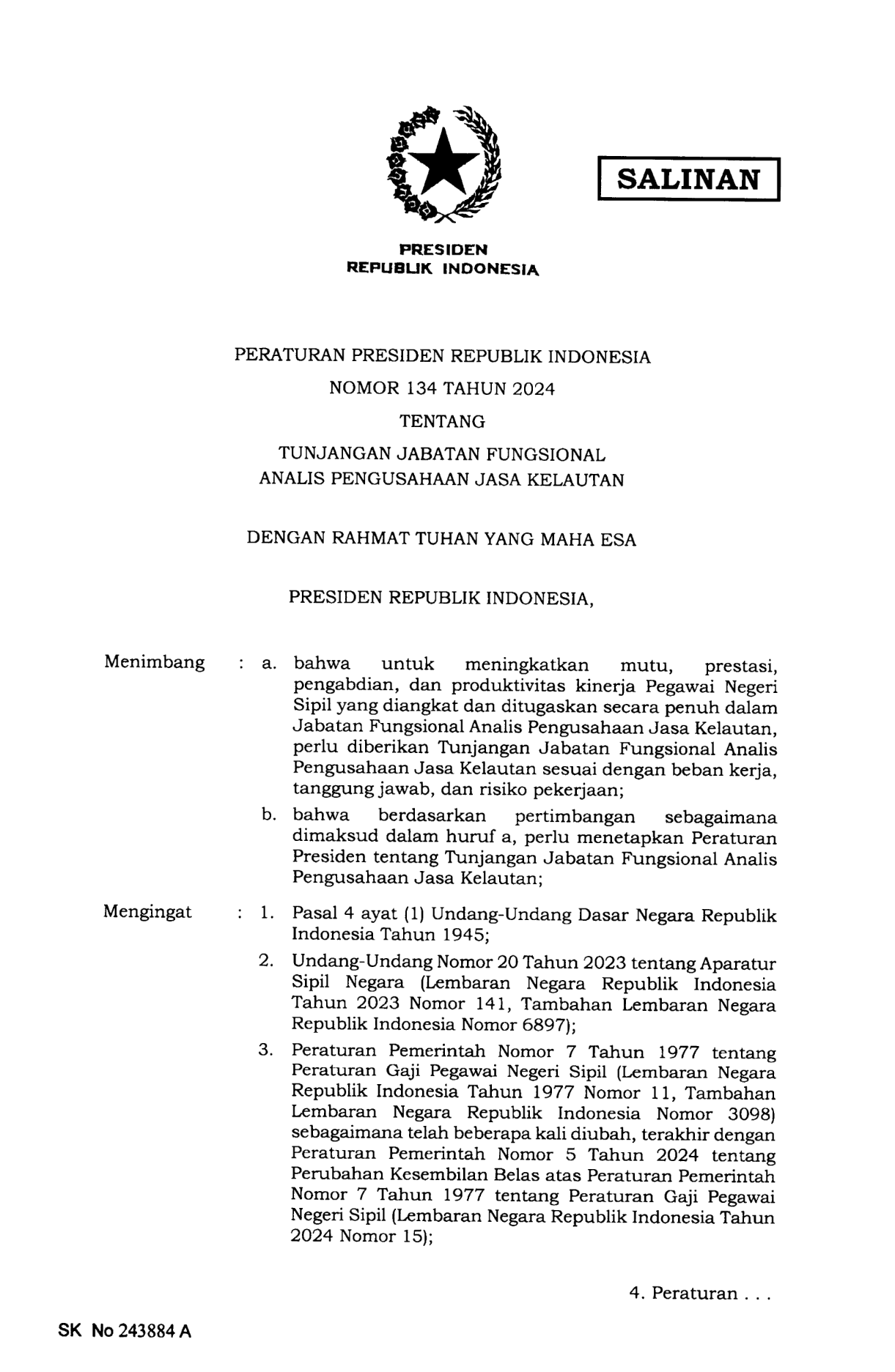 Peraturan Presiden Nomor 134 Tahun 2024