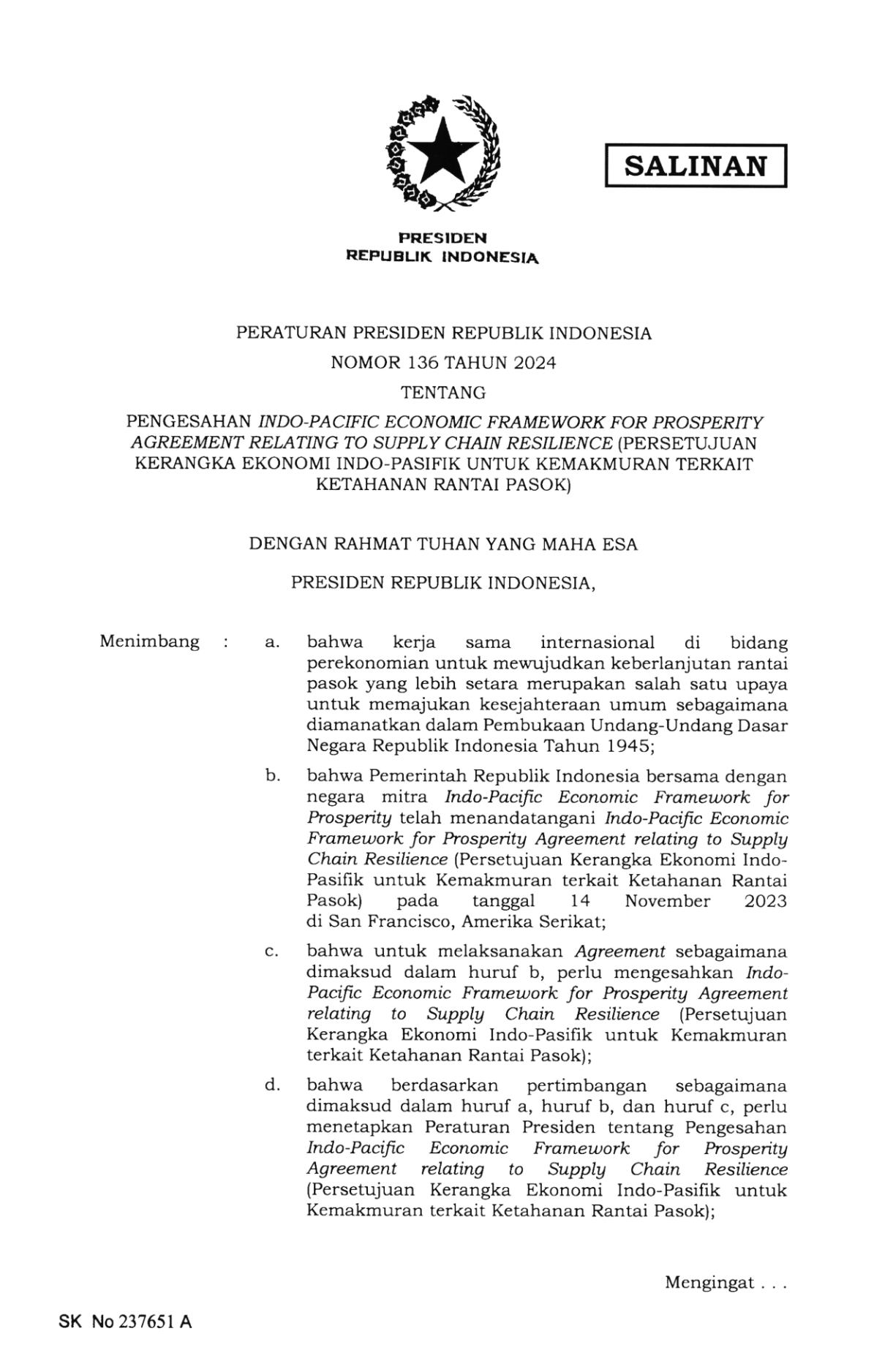 Peraturan Presiden Nomor 136 Tahun 2024