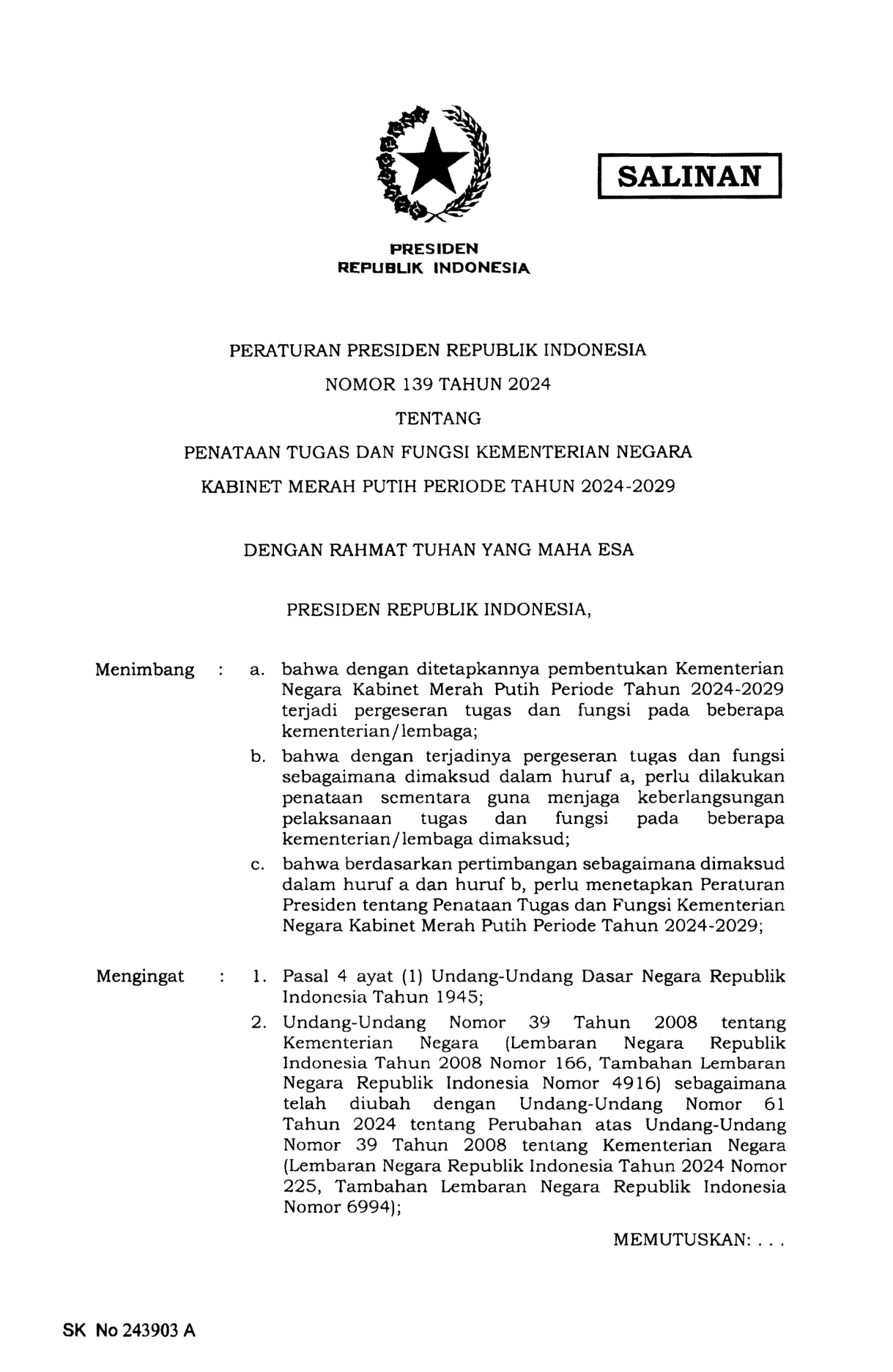 Peraturan Presiden Nomor 139 Tahun 2024