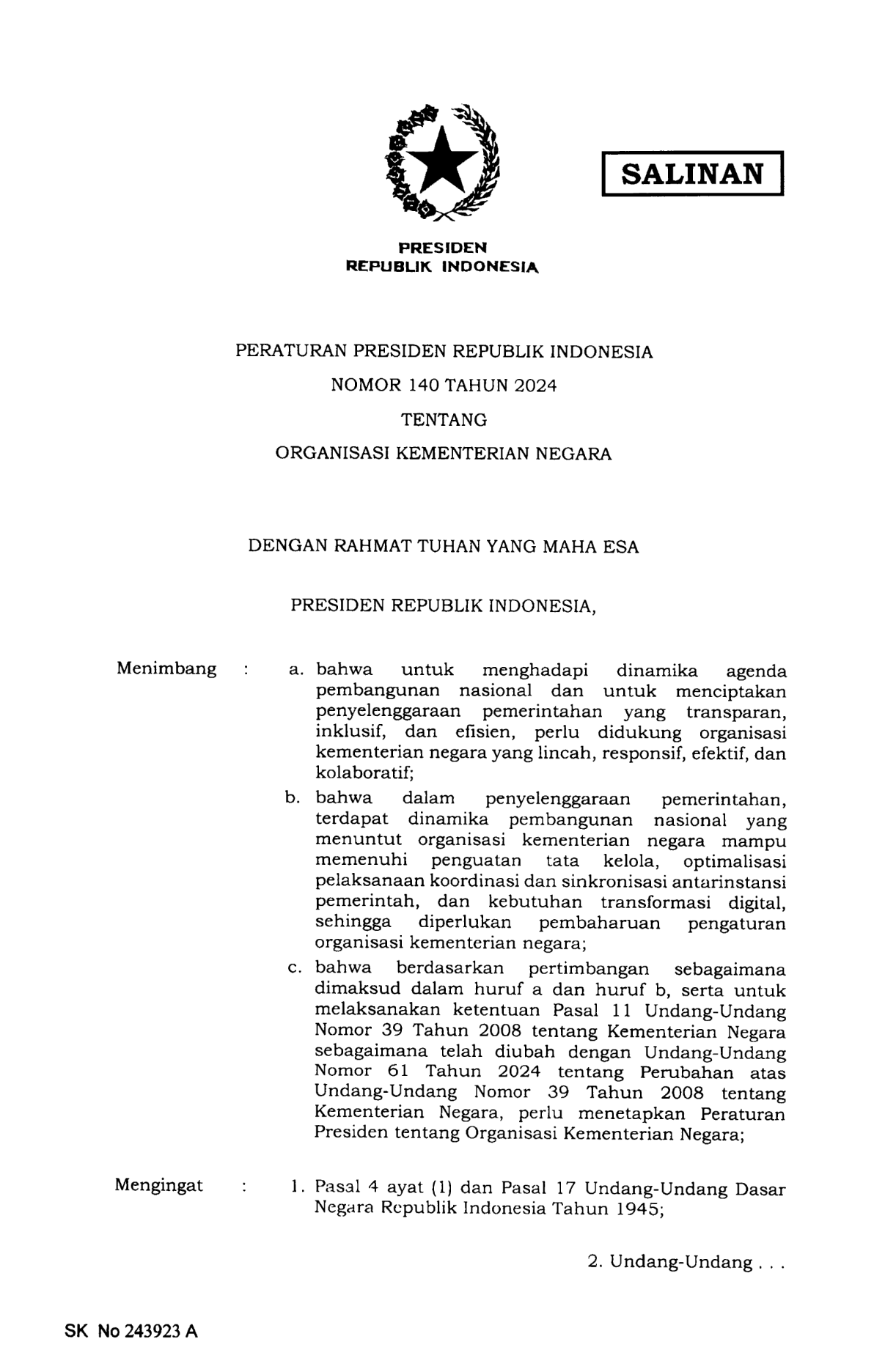 Peraturan Presiden Nomor 140 Tahun 2024