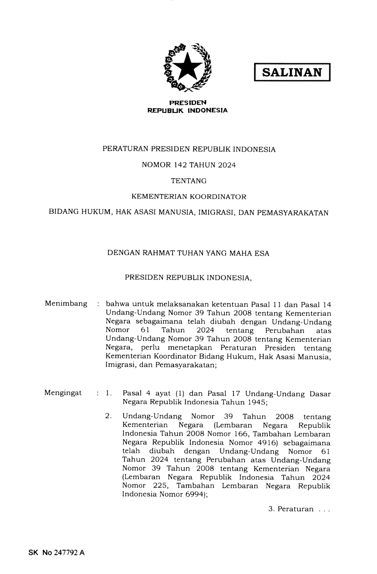 Peraturan Presiden Nomor 142 Tahun 2024