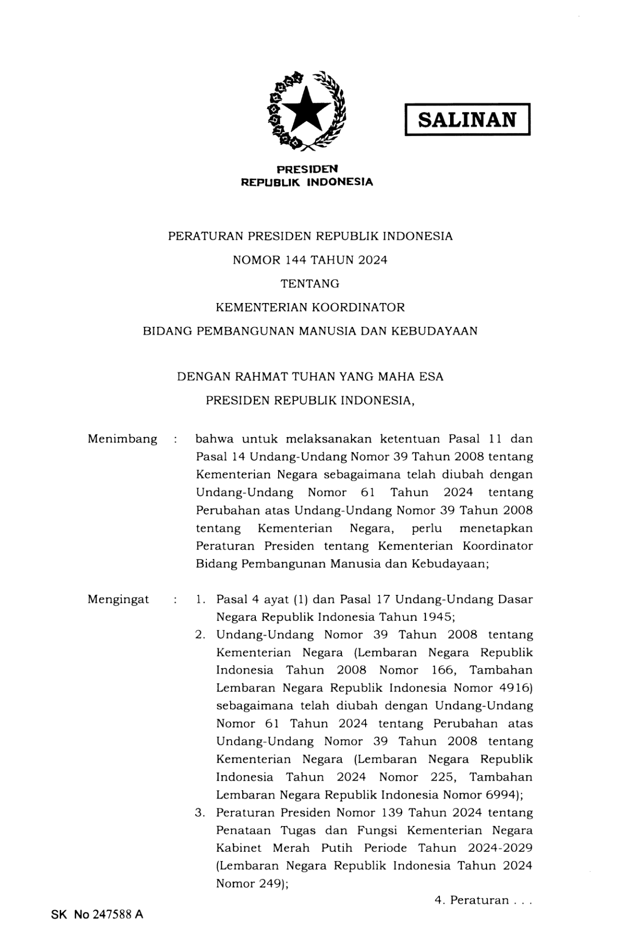 Peraturan Presiden Nomor 144 Tahun 2024