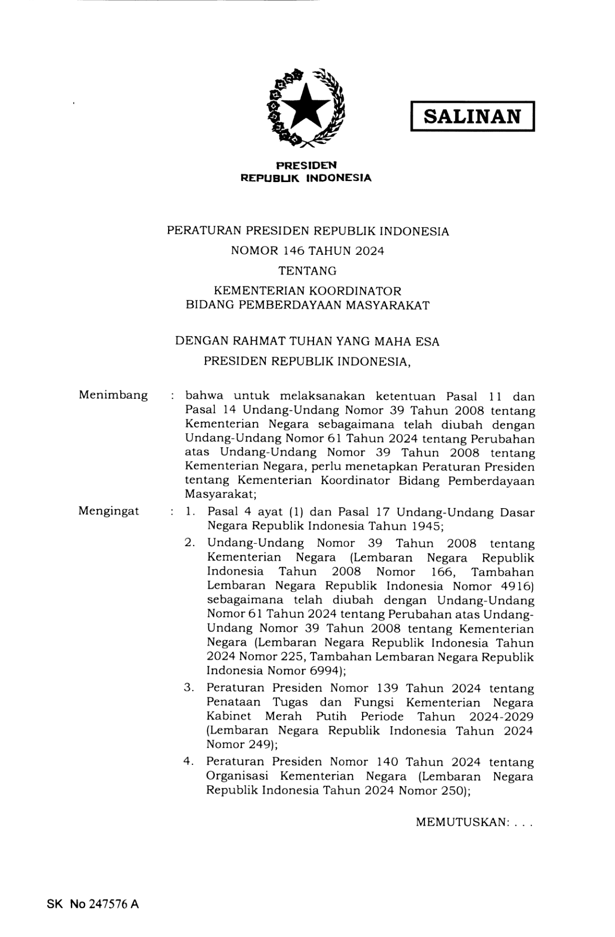 Peraturan Presiden Nomor 146 Tahun 2024