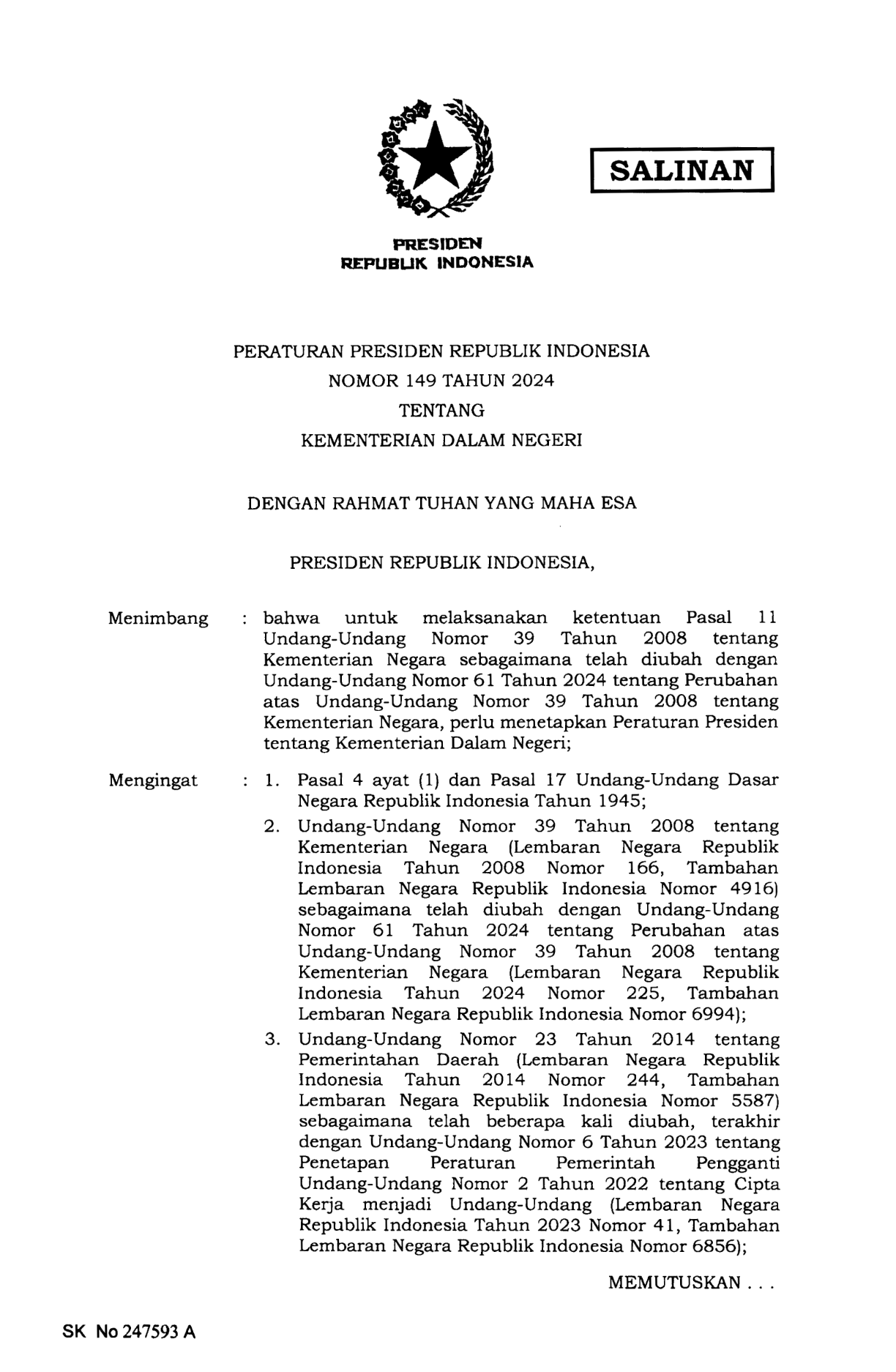 Peraturan Presiden Nomor 149 Tahun 2024