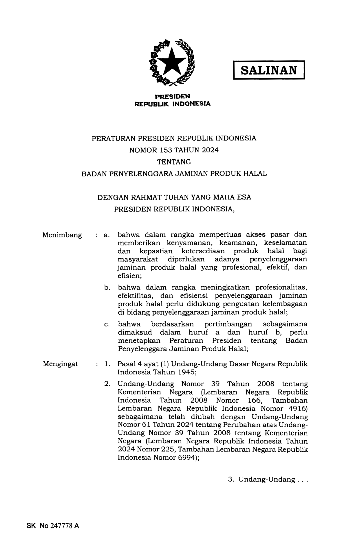 Peraturan Presiden Nomor 153 Tahun 2024