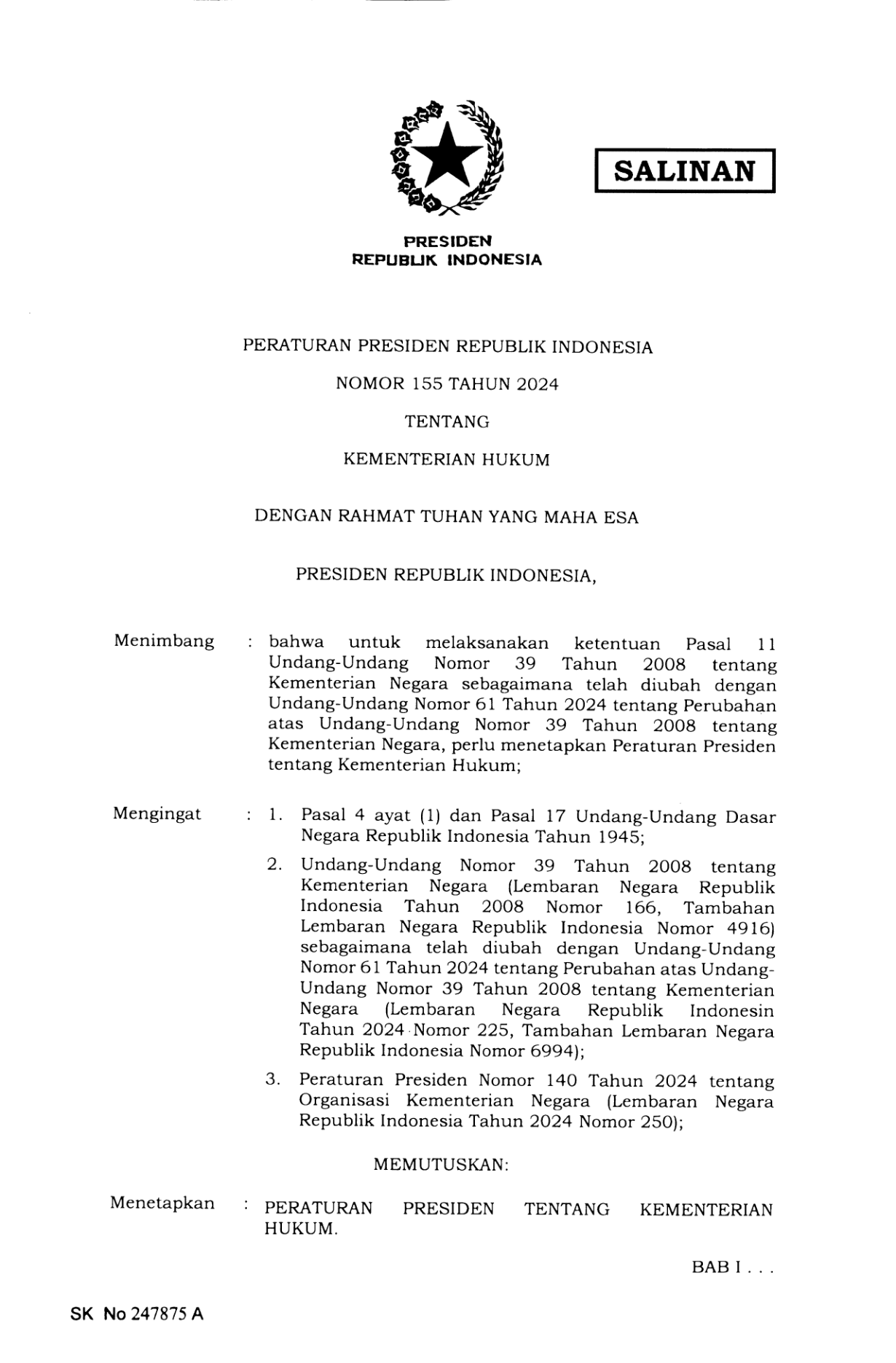 Peraturan Presiden Nomor 155 Tahun 2024