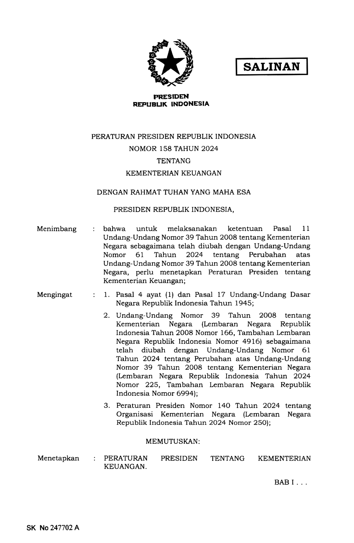 Peraturan Presiden Nomor 158 Tahun 2024