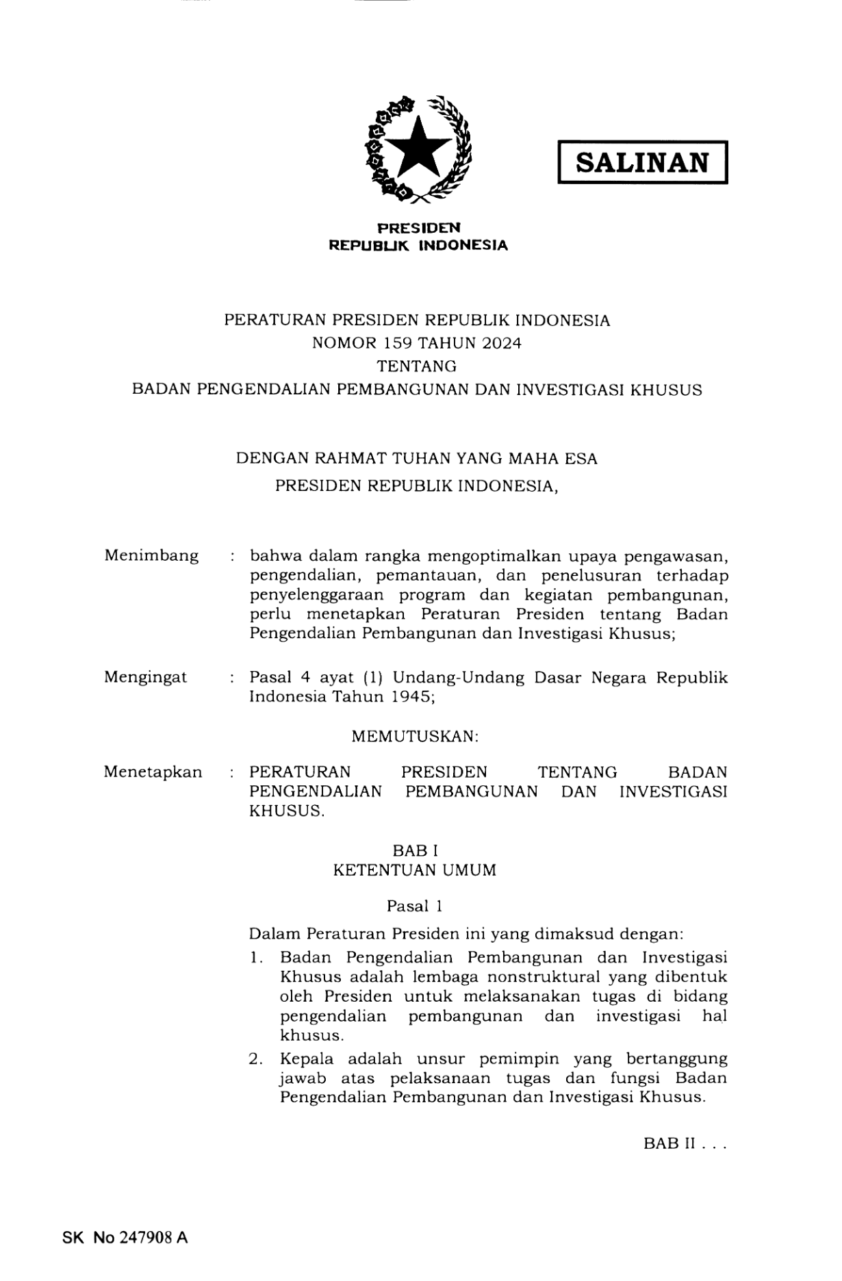 Peraturan Presiden Nomor 159 Tahun 2024