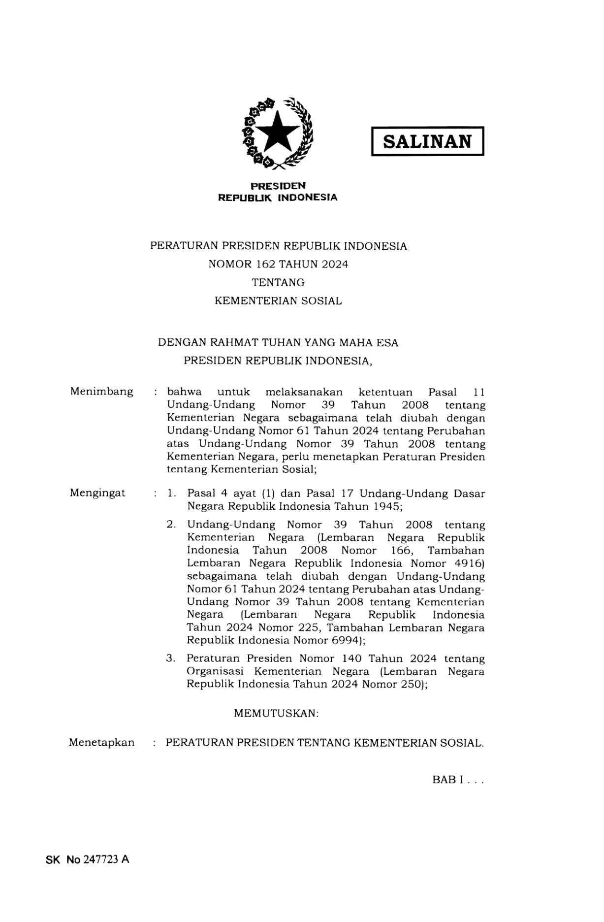 Peraturan Presiden Nomor 162 Tahun 2024