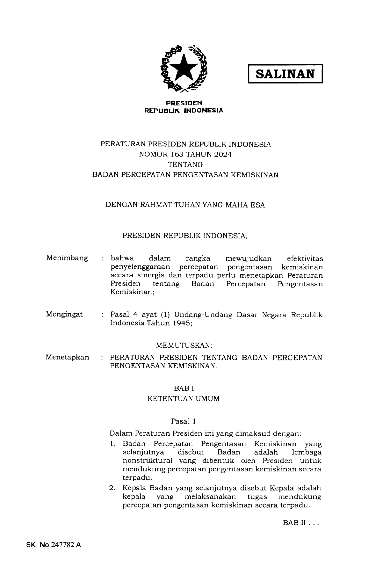 Peraturan Presiden Nomor 163 Tahun 2024