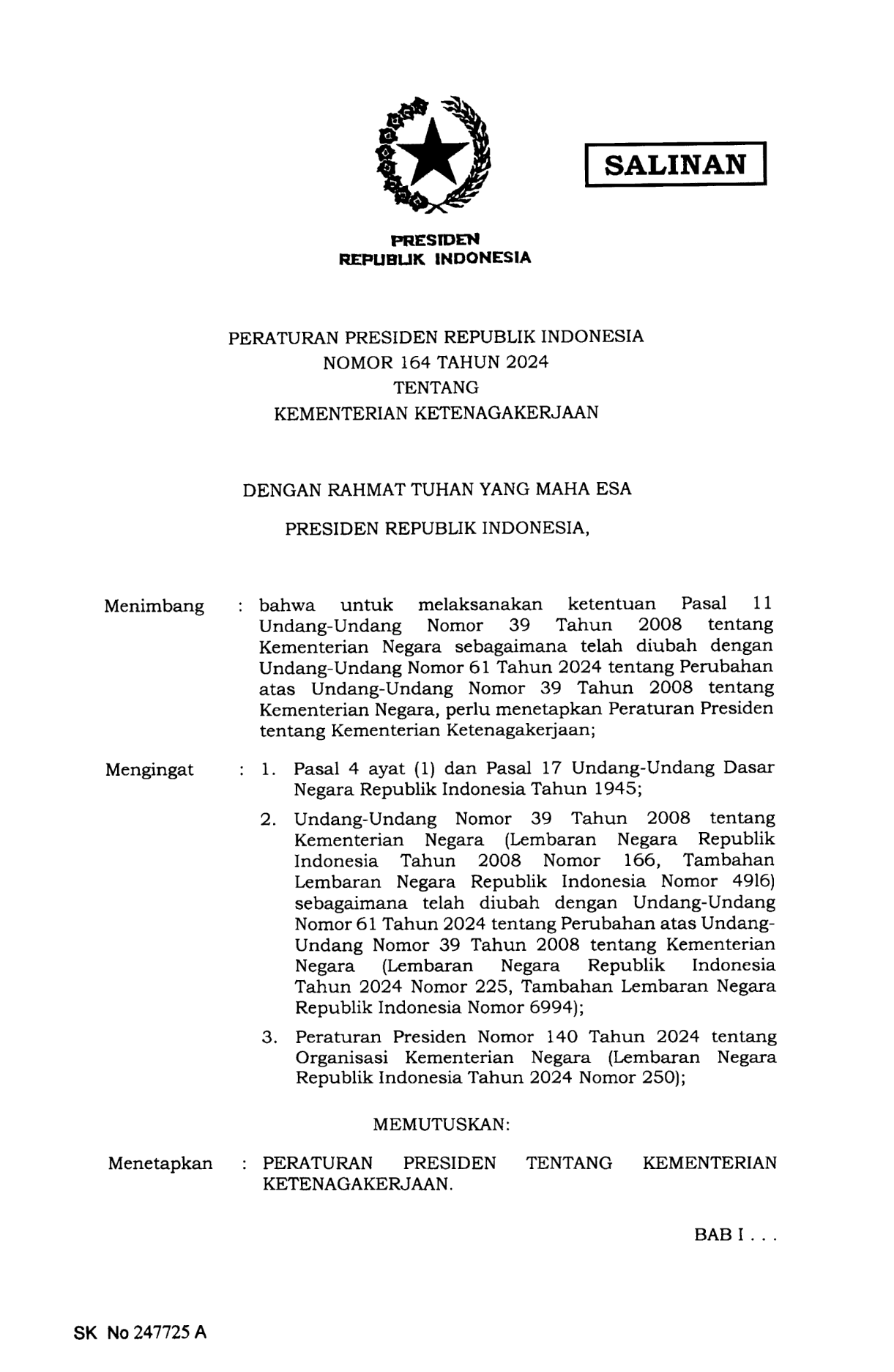 Peraturan Presiden Nomor 164 Tahun 2024