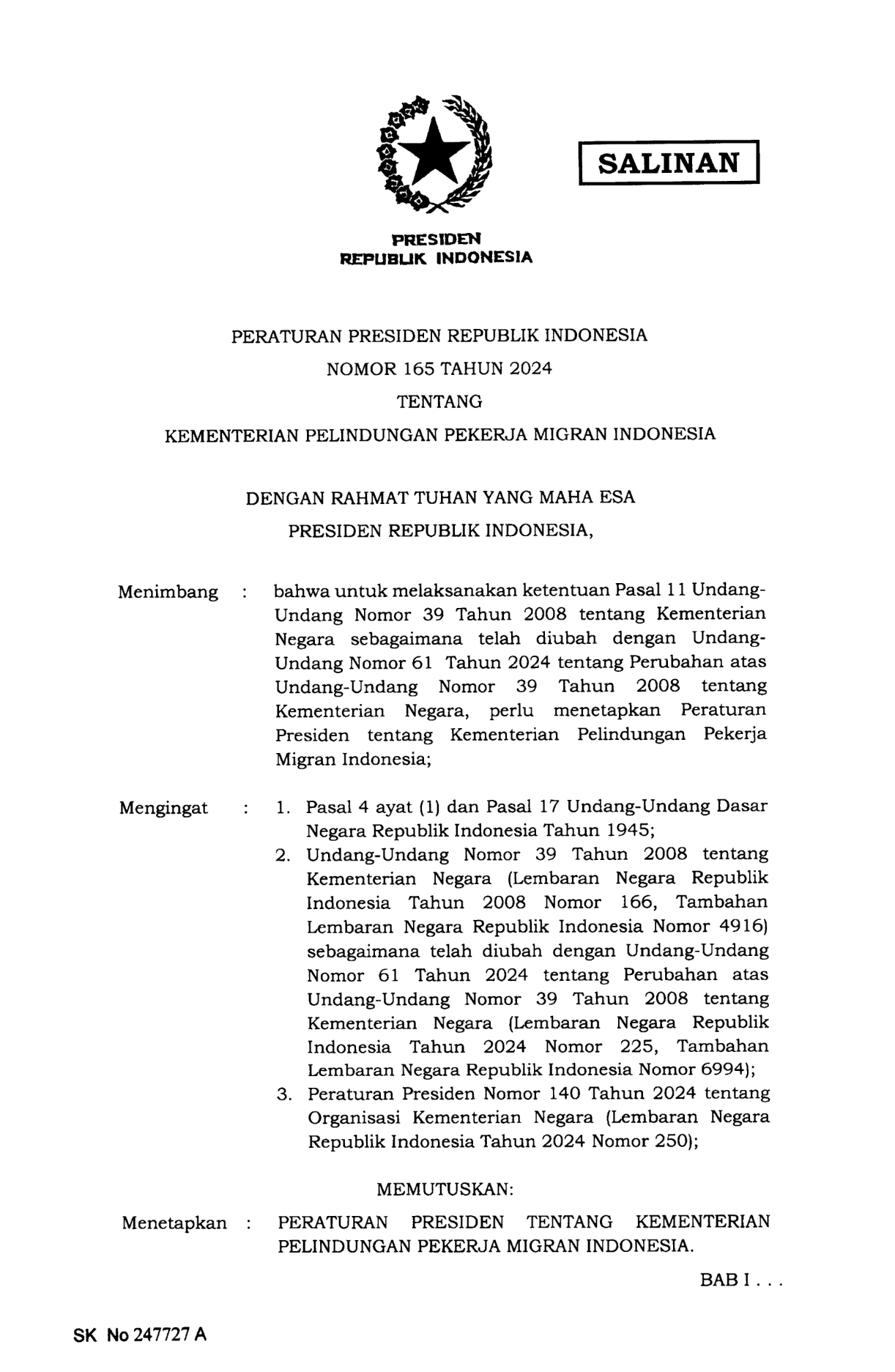 Peraturan Presiden Nomor 165 Tahun 2024