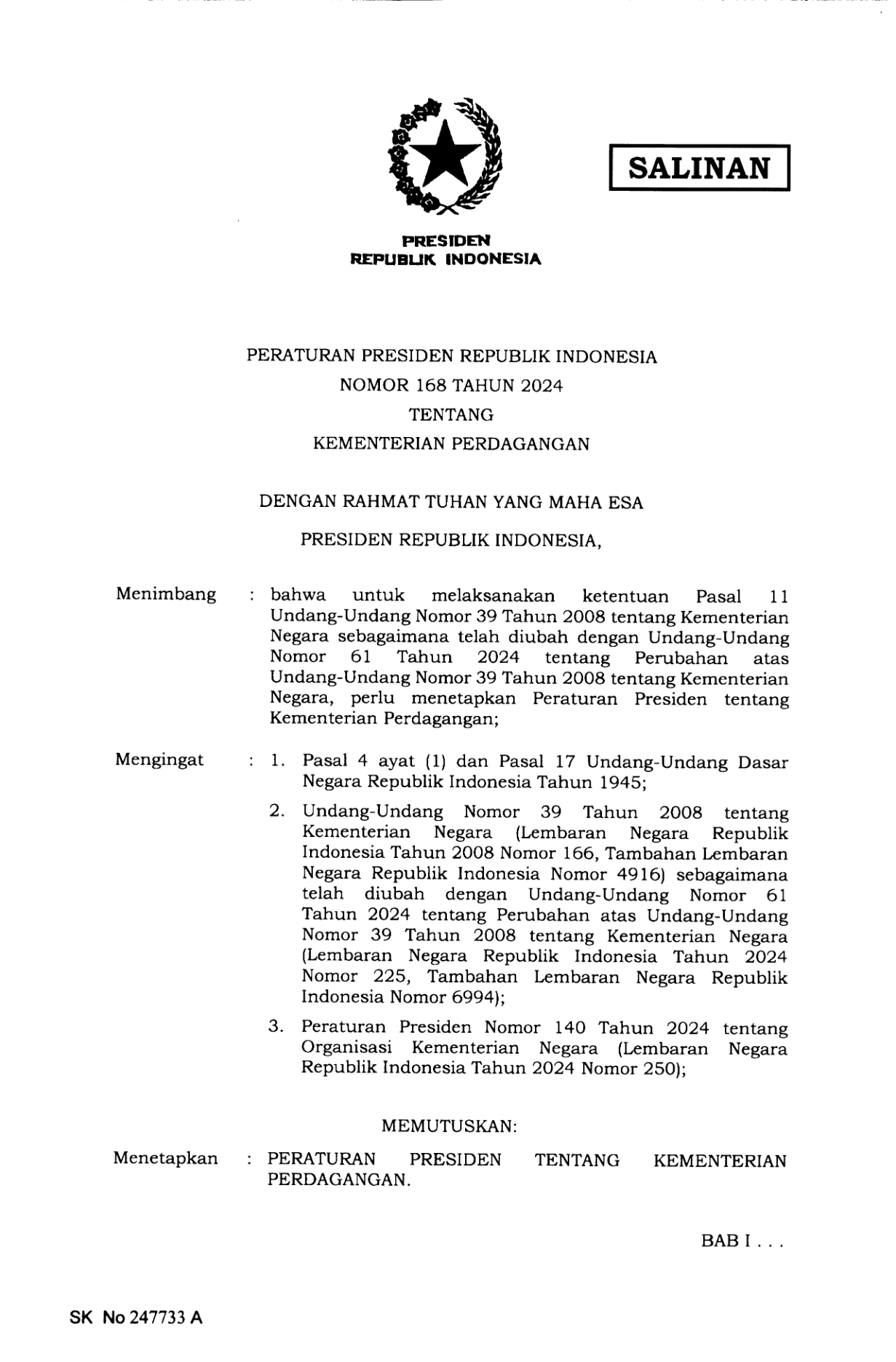 Peraturan Presiden Nomor 168 Tahun 2024