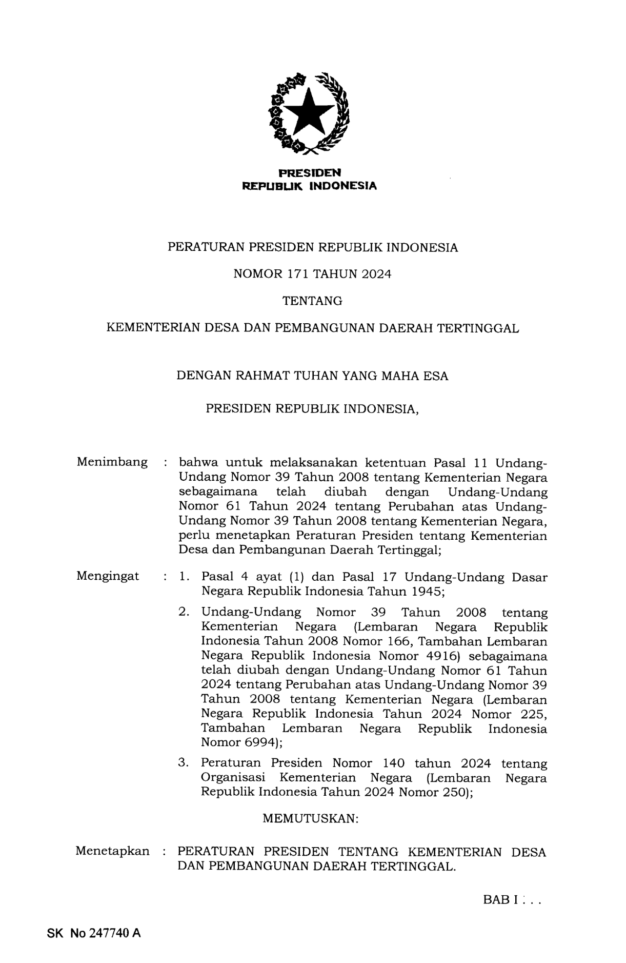 Peraturan Presiden Nomor 171 Tahun 2024