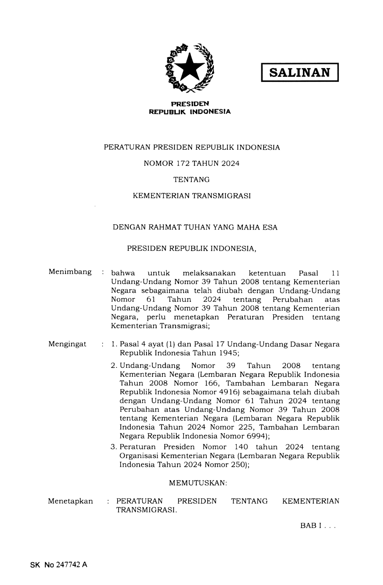 Peraturan Presiden Nomor 172 Tahun 2024