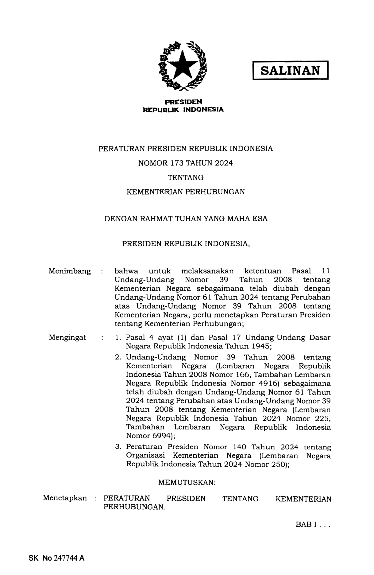 Peraturan Presiden Nomor 173 Tahun 2024