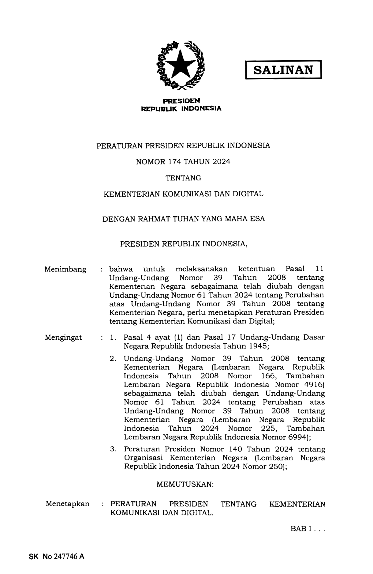 Peraturan Presiden Nomor 174 Tahun 2024
