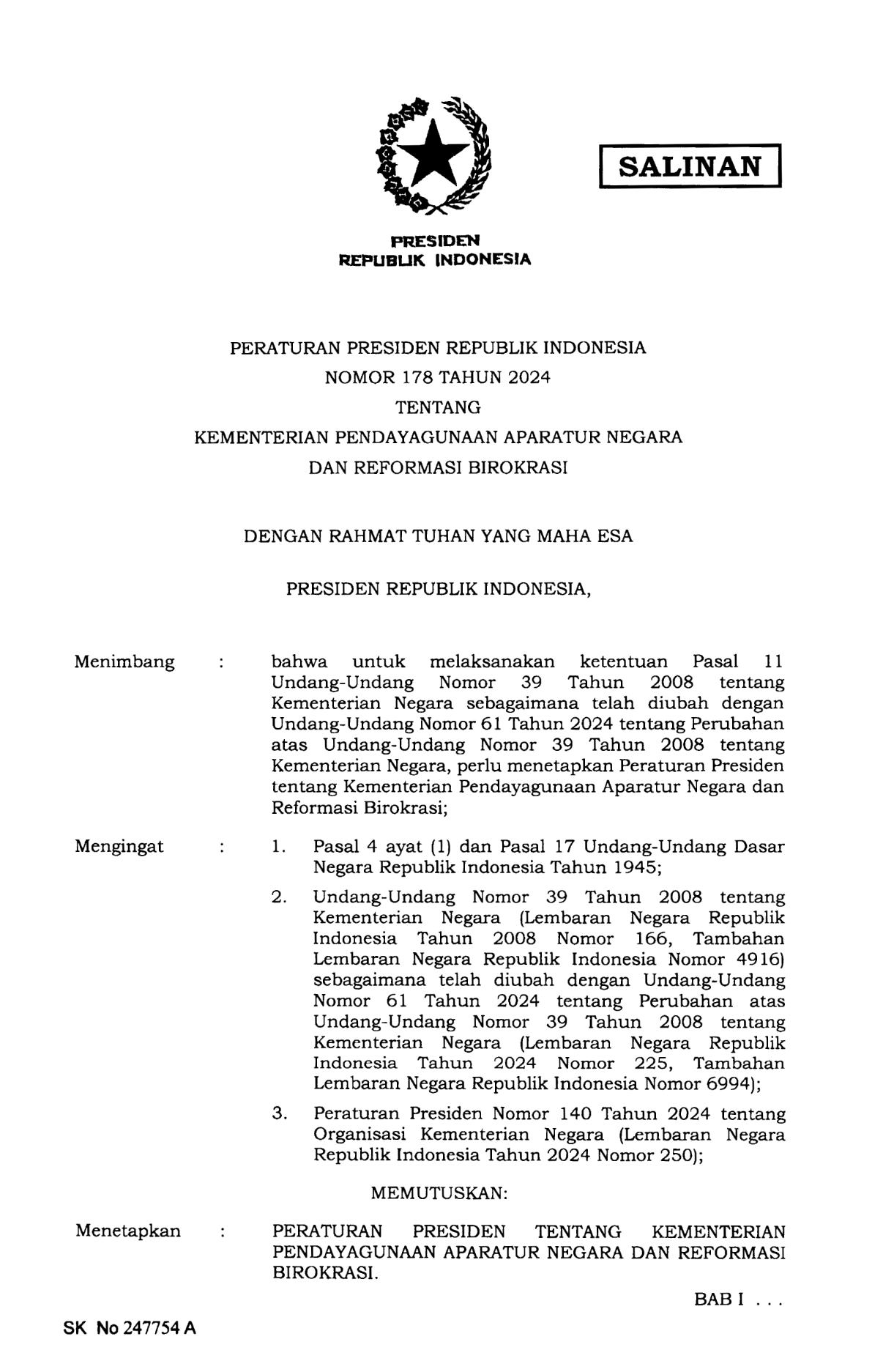 Peraturan Presiden Nomor 178 Tahun 2024