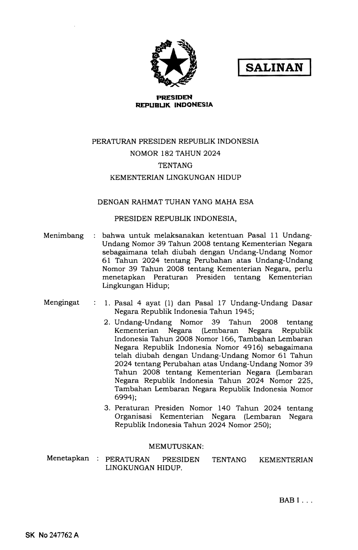 Peraturan Presiden Nomor 182 Tahun 2024