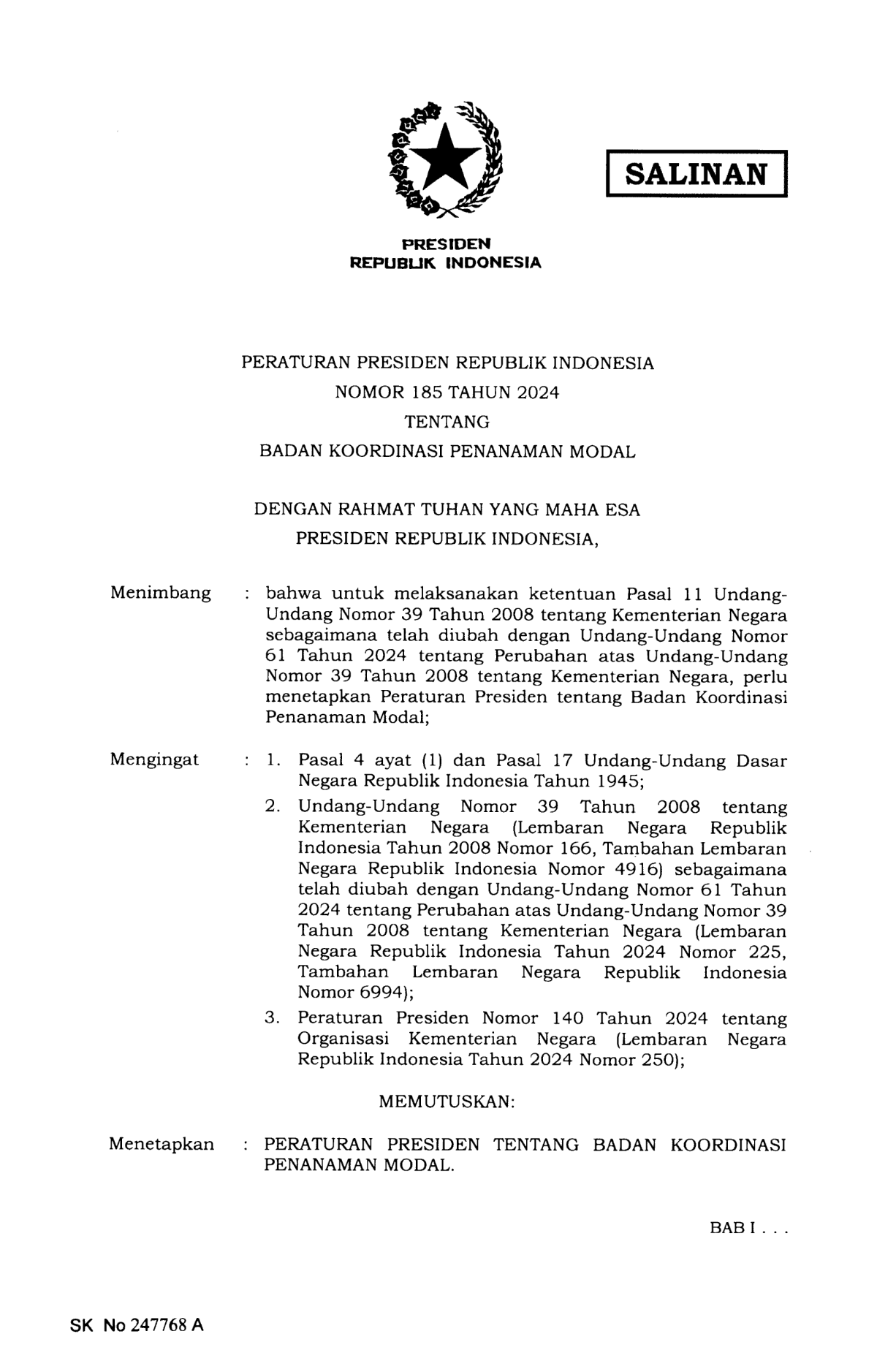 Peraturan Presiden Nomor 185 Tahun 2024